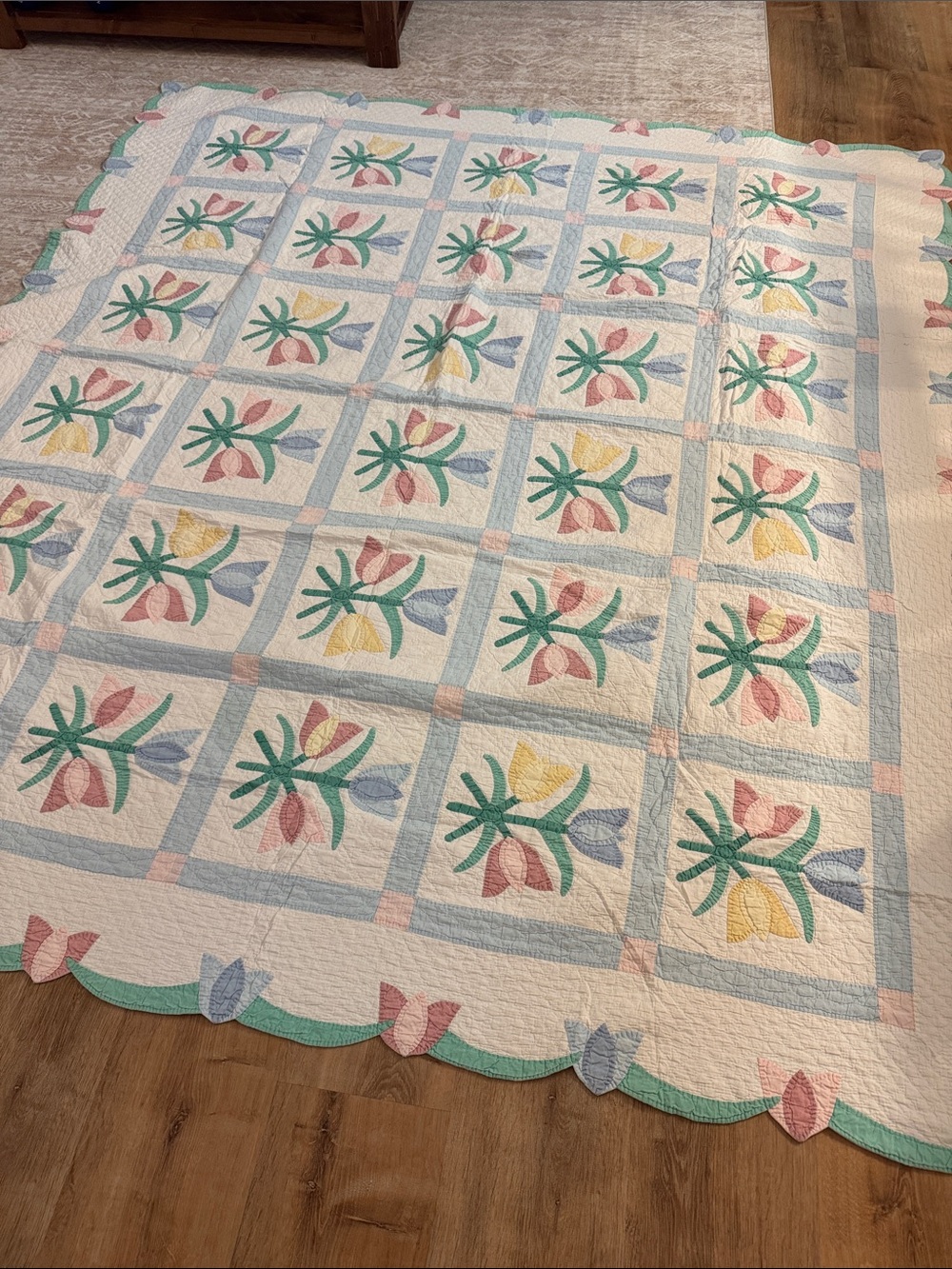 Vintage Pastel Floral Patchwork Quilt - White, Pink, Blue, Yellow, Green